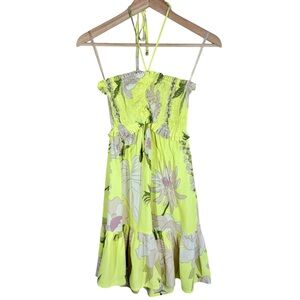 Farm Rio Smocked Mini Dress Size Petite Ruffle Hem Neon Yellow Tropical Floral